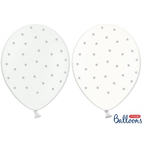 Ballon med slvstjerner - Hvid og klar - 6 stk.