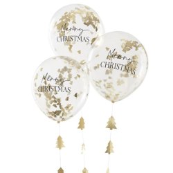 Konfettiballon - MERRY CHRISTMAS - Guld Juletrer og haler - 5 stk.