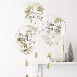 Konfettiballon - MERRY CHRISTMAS - Guld Juletrer og haler - 5 stk.