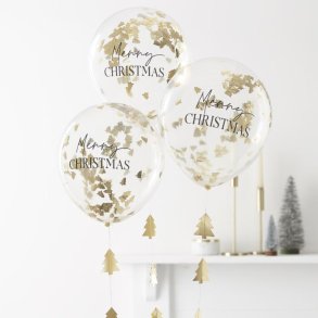 Konfettiballon - MERRY CHRISTMAS - Guld Juletrer og haler - 5 stk.