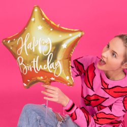 Folieballon - STJERNE - Guld - Happy Birthday - 40 cm