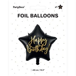 Folieballon - STJERNE - Sort - Happy Birthday - 40 cm