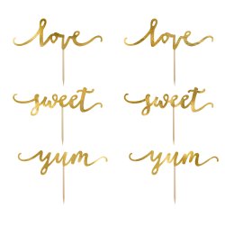 Cake toppers - LOVE - SWEET - YUM - Guld - 6 stk.