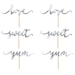 Cake toppers - LOVE - SWEET - YUM - Slv - 6 stk.