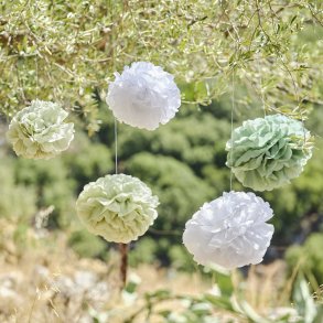 Pompon - Salviegrn/hvid mix - 5 stk.