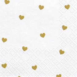 Servietter - Hvid med hjerter - Guld - 33x33 cm