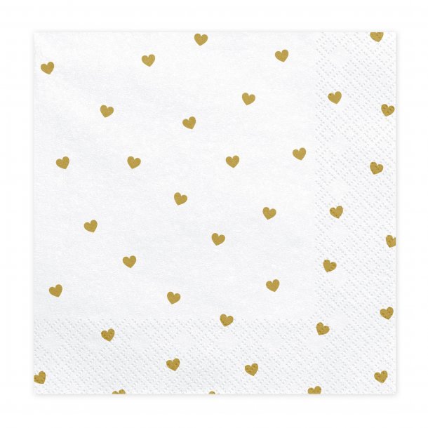 Servietter - Hvid med hjerter - Guld - 33x33 cm