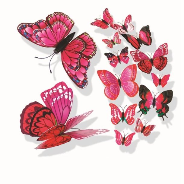 Sommerfugle i 3D med magnet/sticker til dekoration - 12 stk. - Rose